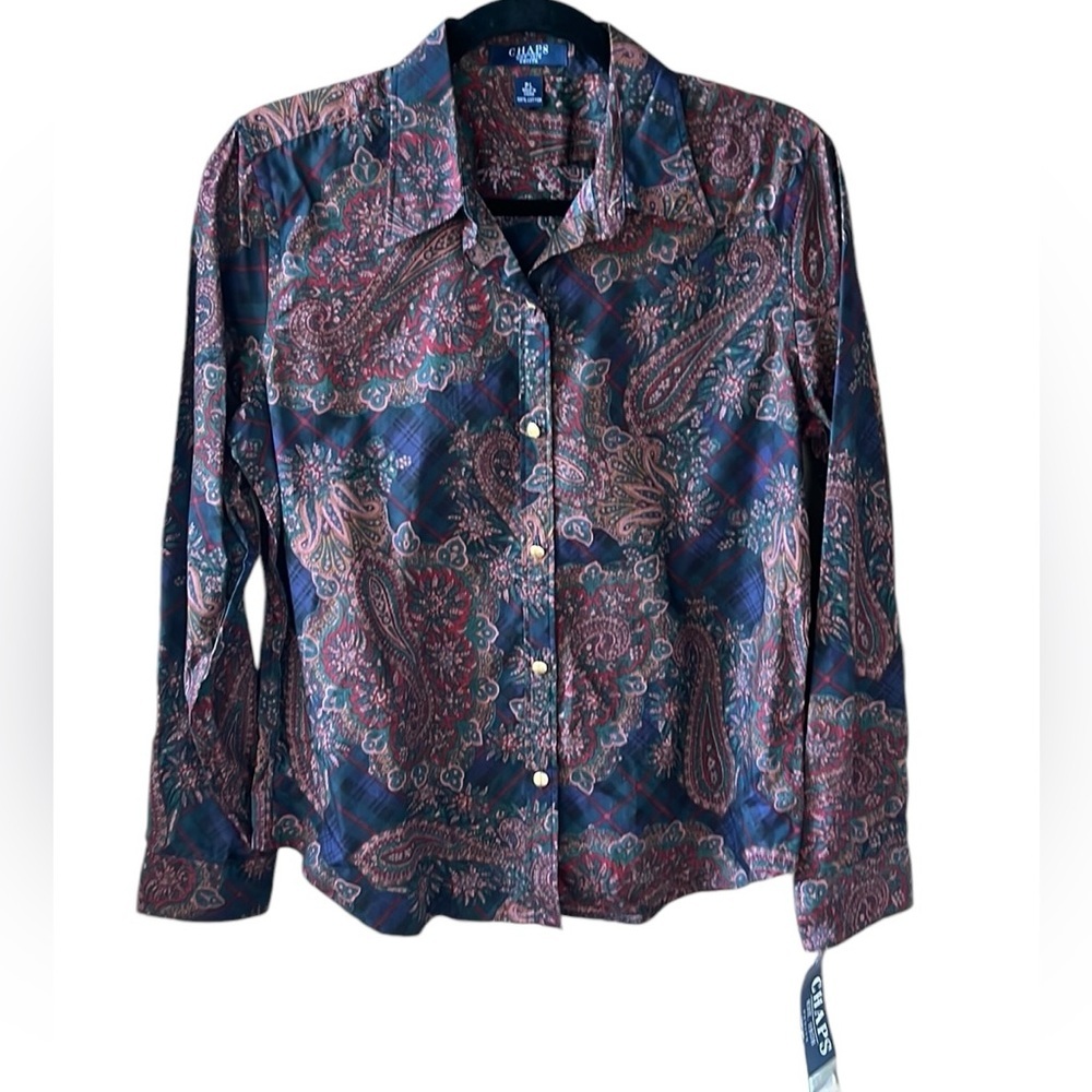 Chaps Women’s Petite L New w Tag Dark Tartan Plaid Paisley Button Down Shirt